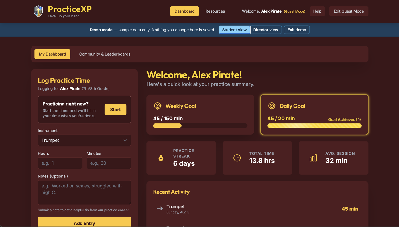 The student dashboard: a six-day practice streak, a daily goal marked achieved, total practice time, and the last three sessions logged.